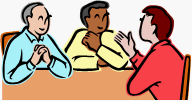 3人の中年男性がテーブルを囲み話し合いをしているイラスト