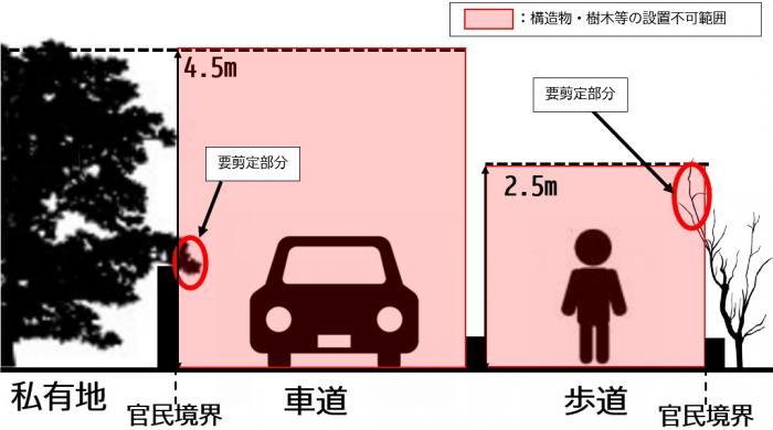 建築限界における構造物や樹木等の設置不可範囲を説明するイラスト画像