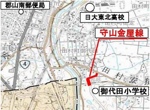 郡山市田村町御代田地内守山金屋線の宮ノ下踏切拡幅工事の施工箇所位置図の画像