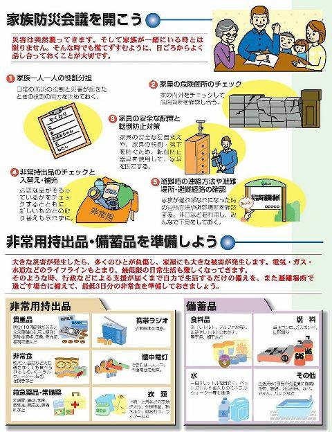 家族防災会議の開催及び非常用持出品や備蓄品の準備のイラスト