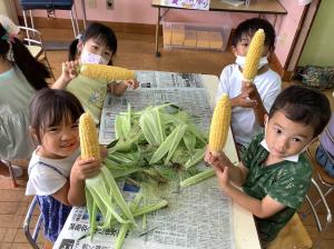 トウモロコシの皮むきをしている男児と女児