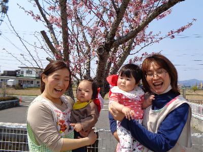 所庭でりす組さんが桜と写真を撮っている様子