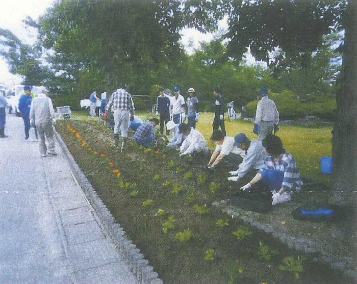 富田4区河川愛護会が花植えをしている写真