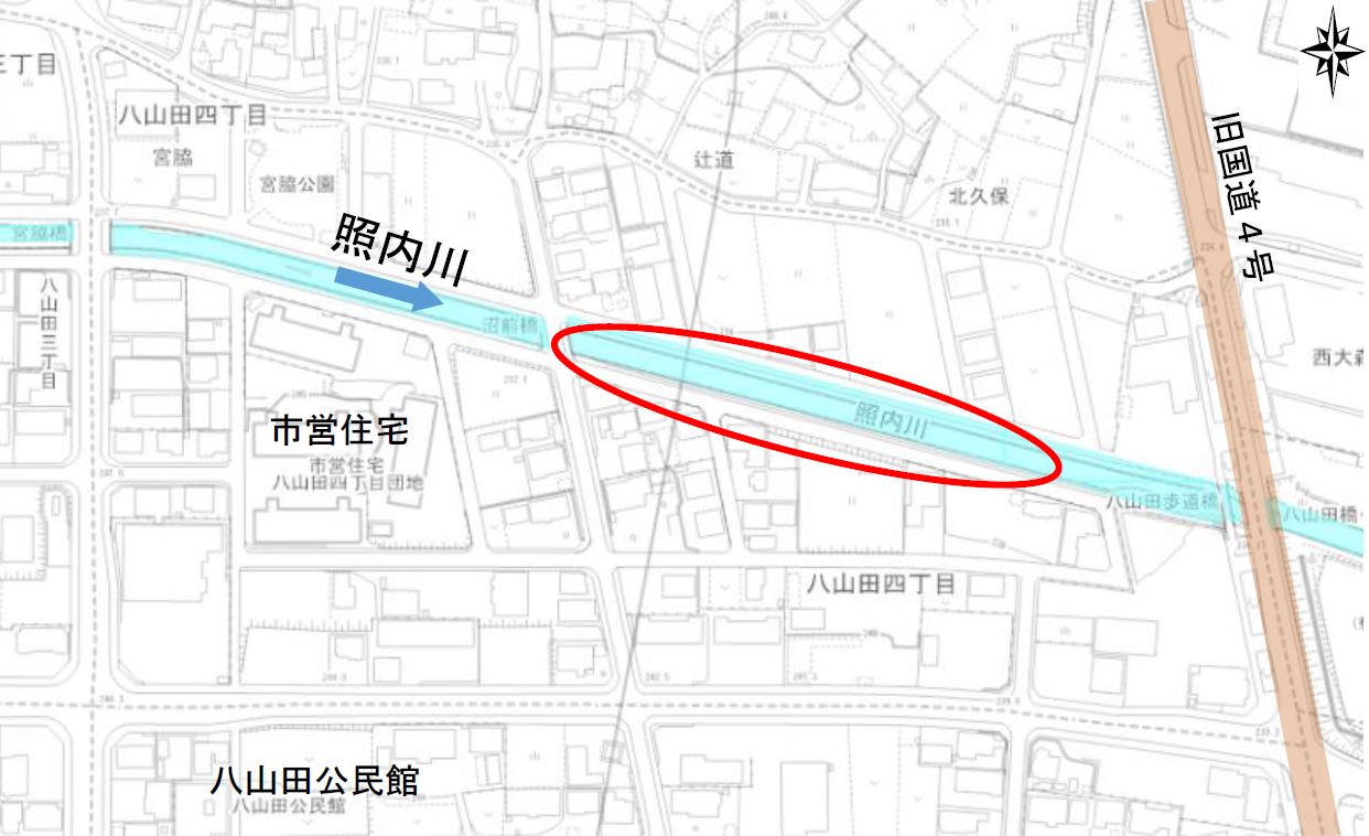 準用河川照内川の河道掘削位置図