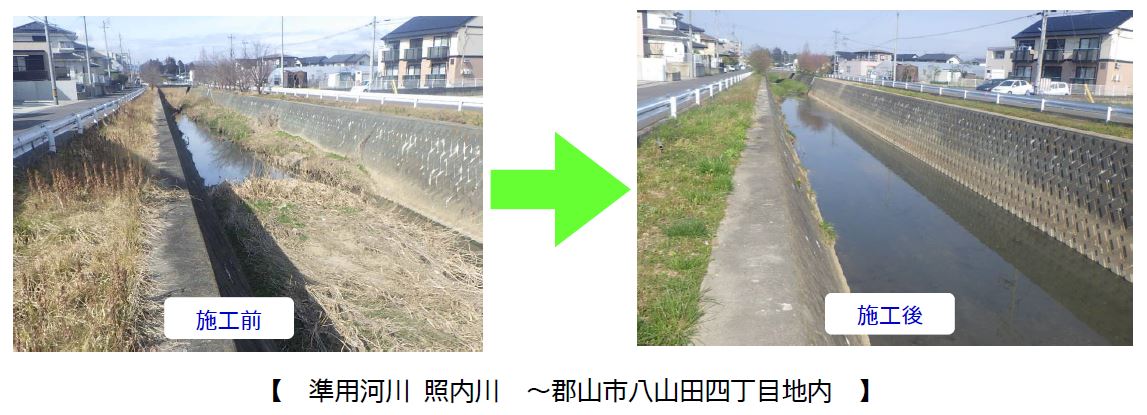 準用河川照内川の河道掘削の施工前と施工後