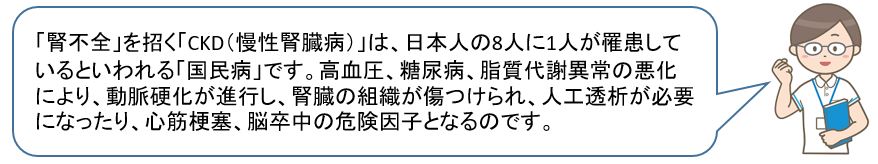 「腎不全」を招く「CKD（慢性腎臓病）」は、日本人の8人に1人が罹患しているといわれる「国民病」です。高血圧、糖尿病、脂質代謝異常の悪化により、動脈硬化が進行し、腎臓の組織が傷つけられ、人工透析が必要になったり、心筋梗塞、脳卒中の危険因子となるのです。