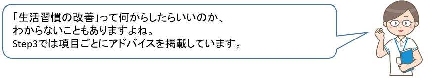 「生活習慣の改善」って何からしたらいいのか、わからないこともありますよね。Step3では項目ごとにアドバイスを掲載しています。