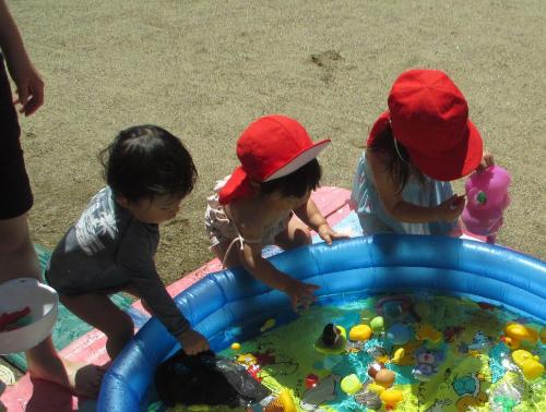 たんぽぽ組が丸いプールを囲んで遊んでいる