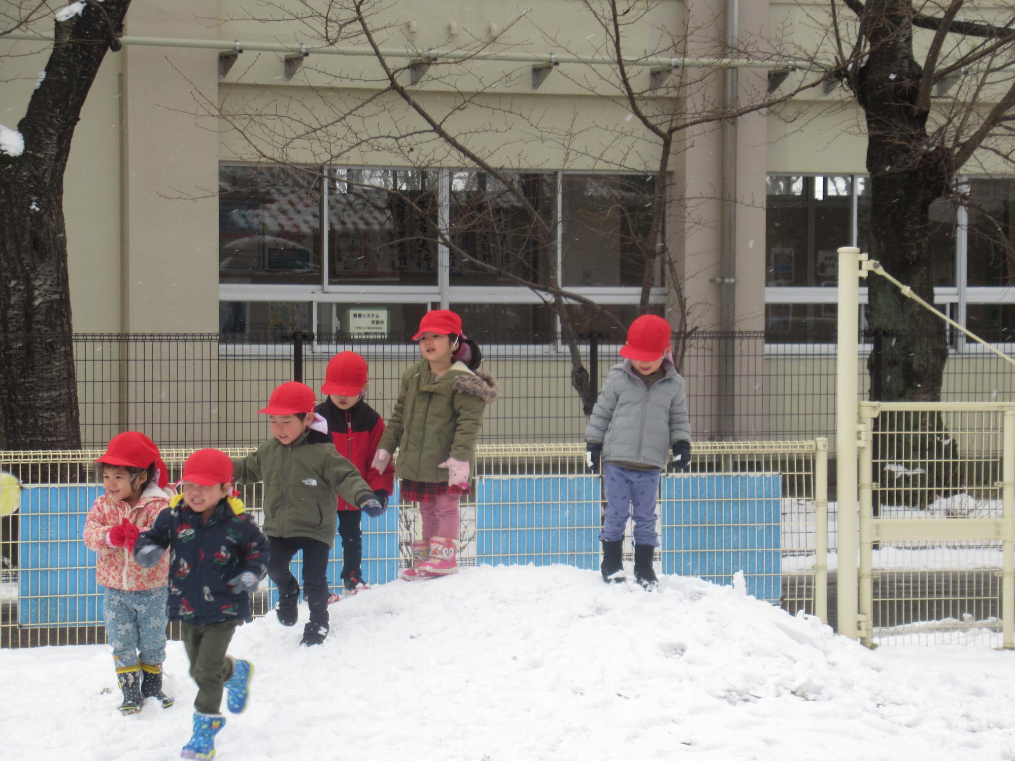 すみれ組の子が、山から走り下りている。