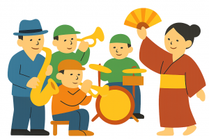 ビッグバンド演奏と日本舞踊のイラスト