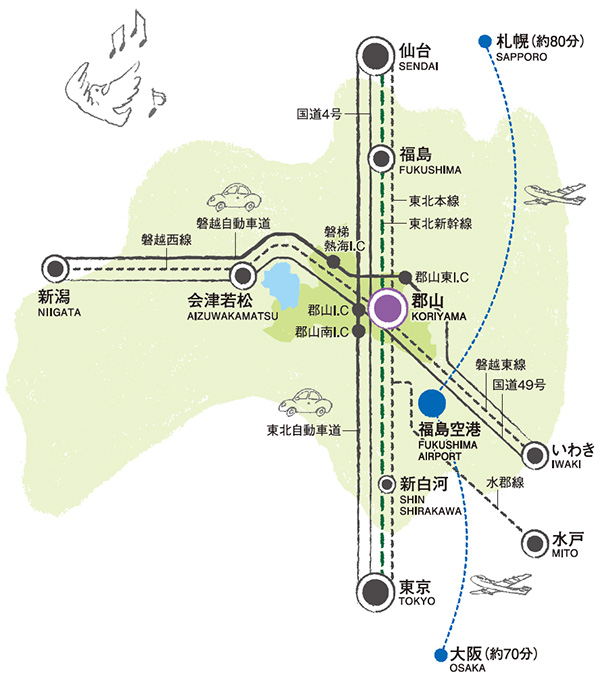 福島県全体図の中の郡山市の交通事情の図