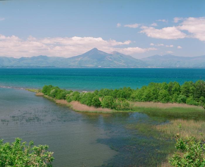 緑が美しい猪苗代湖と磐梯山の写真