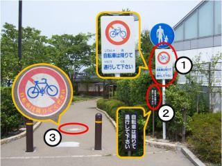 せせらぎこみち施設内自転車走行禁止標示1