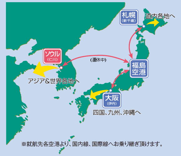 福島空港からの就航路線図。札幌と大阪に飛んでおり、韓国（ソウル）は現在運休中。