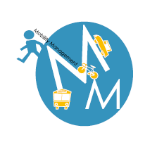 モビリティ・マネジメント（Mm）のイメージイラスト。人がMmの形をした道を移動しながら、バスや車、自転車といった乗り物が描かれている。